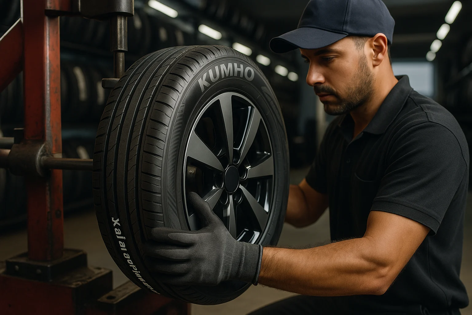 فني متخصص يقوم بتركيب إطار كومهو، لضمان أعلى معايير الجودة والسلامة.