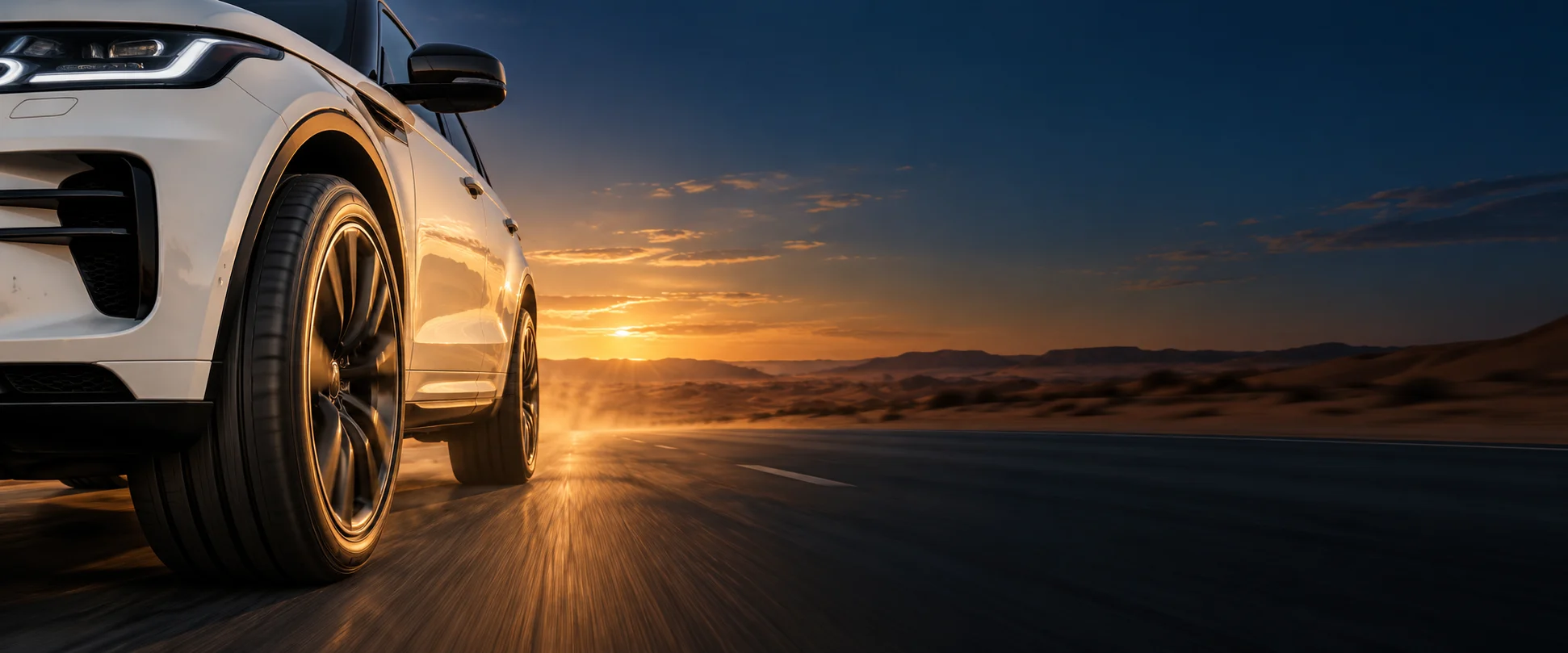 كفرات ميشلان على سيارة SUV في طريق صحراوي بالسعودية وقت الغروب