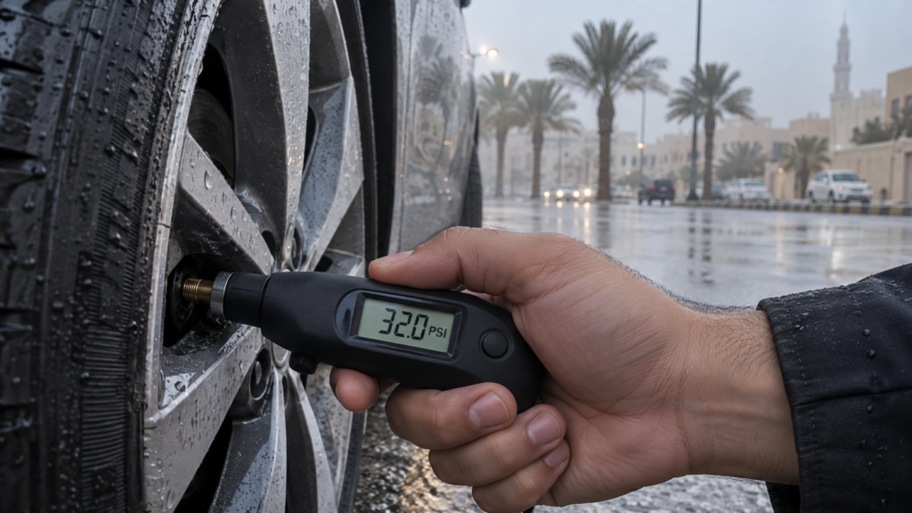 فحص ضغط الإطارات في الطقس الممطر