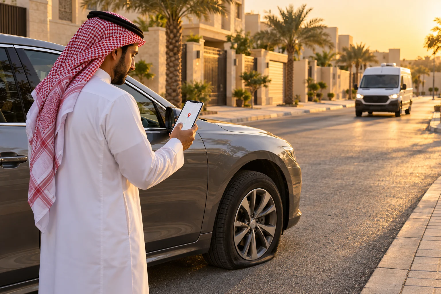 عميل يطلب بنشر متنقل من تطبيق كفرات بلس بجانب سيارته